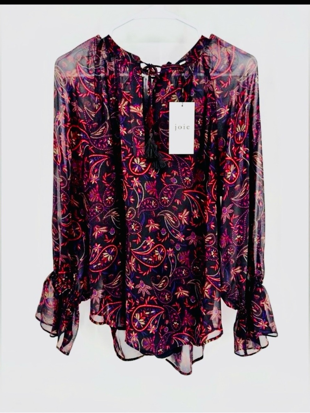 Joie NWT Dark Paisley Blouse with Red Accents tussles small boho style sheer
